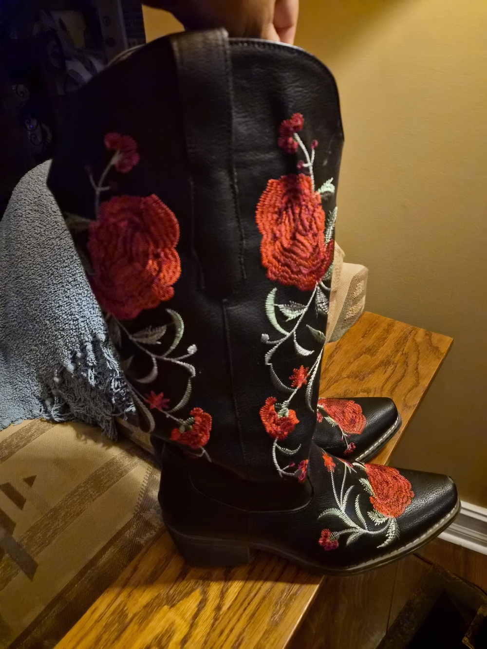 SHEIN Black Mid-Calf Heeled Boots with Red Rose Embroidery
